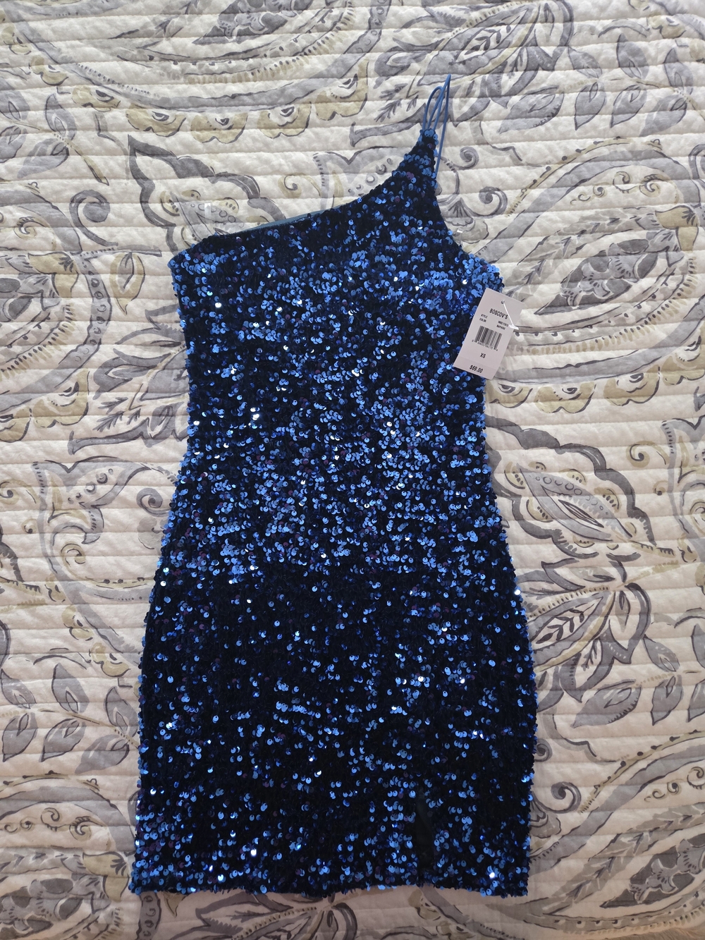 One-Shoulder Blue Sequin Mini Dress